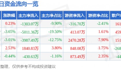 股票行情快报：方正电机（002196）6月16日主力资金净卖出1303.07万元