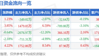 股票行情快报：亚盛集团（600108）12月12日主力资金净卖出349.02万元