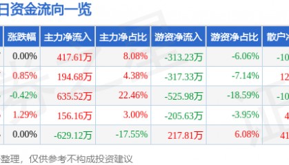 股票行情快报：华侨城Ａ（000069）5月30日主力资金净买入417.61万元