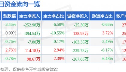 股票行情快报：恒星科技（002132）1月10日主力资金净卖出252.98万元