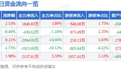 股票行情快报：方正电机（002196）6月11日主力资金净买入1840.83万元