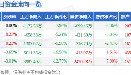 股票行情快报：方正电机（002196）6月18日主力资金净卖出1172.58万元