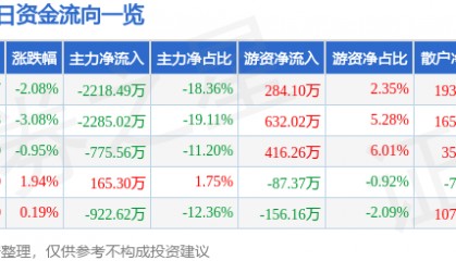 股票行情快报：湘潭电化（002125）1月2日主力资金净卖出2218.49万元