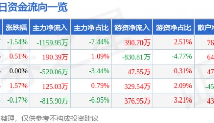 股票行情快报：远光软件（002063）4月24日主力资金净卖出1159.95万元