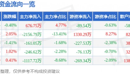 股票行情快报：科力远（600478）5月13日主力资金净买入676.75万元