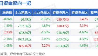 股票行情快报：钱江摩托（000913）11月21日主力资金净卖出20.79万元