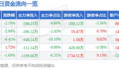 股票行情快报：恒星科技（002132）1月2日主力资金净卖出598.23万元