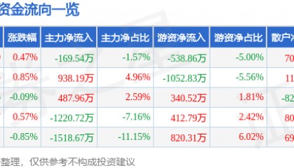 股票行情快报：健康元（600380）4月29日主力资金净卖出169.54万元