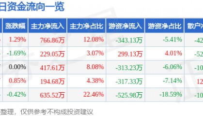股票行情快报：华侨城Ａ（000069）6月4日主力资金净买入766.86万元