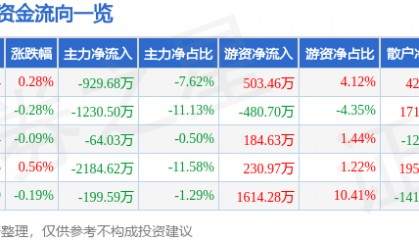 股票行情快报：健康元（600380）5月16日主力资金净卖出929.68万元