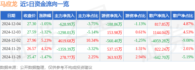 股票行情快报:马应龙(600993)12月4日主力资金净卖出628.99万元