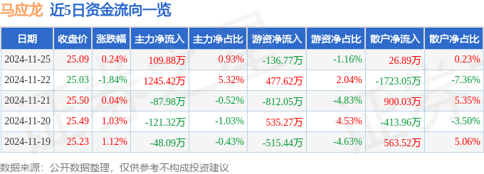 股票行情快报：马应龙（600993）11月25日主力资金净买入109.88万元