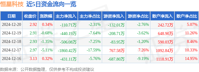 股票行情快报：恒星科技（002132）12月20日主力资金净卖出110.71万元