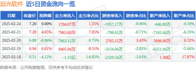 股票行情快报：远光软件（002063）2月24日主力资金净买入1704.07万元
