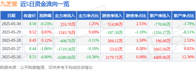 股票行情快报：九芝堂（000989）5月30日主力资金净买入255.70万元