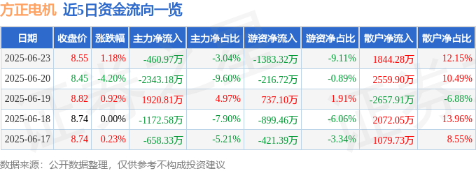 股票行情快报:方正电机(002196)6月23日主力资金净卖出460.97万元